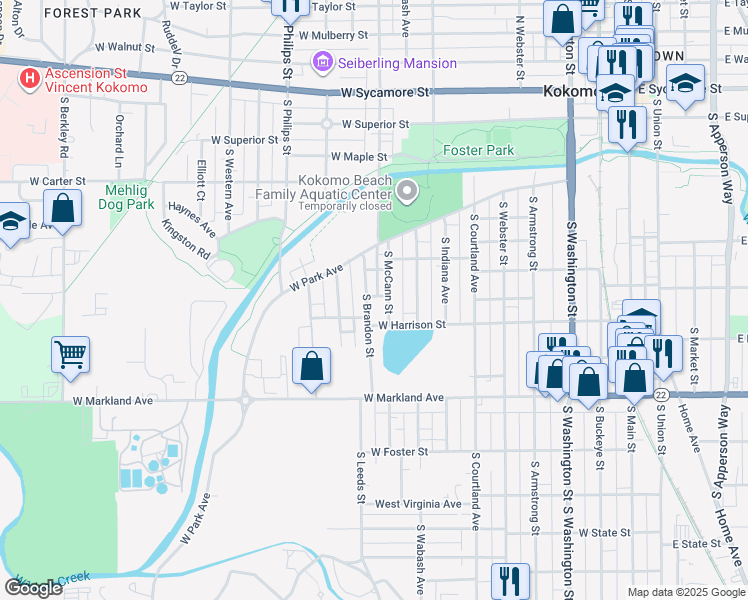 map of restaurants, bars, coffee shops, grocery stores, and more near 748 South Brandon Street in Kokomo