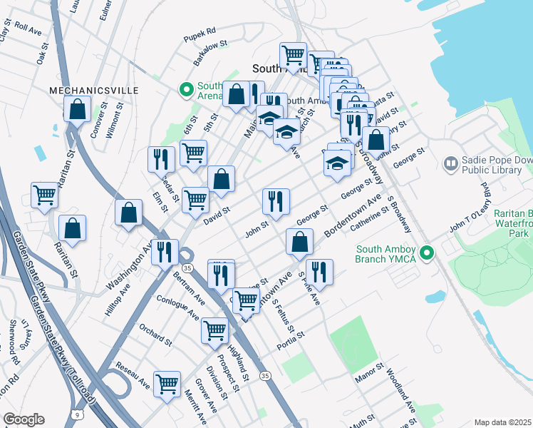 map of restaurants, bars, coffee shops, grocery stores, and more near 601 Bayside Court in South Amboy