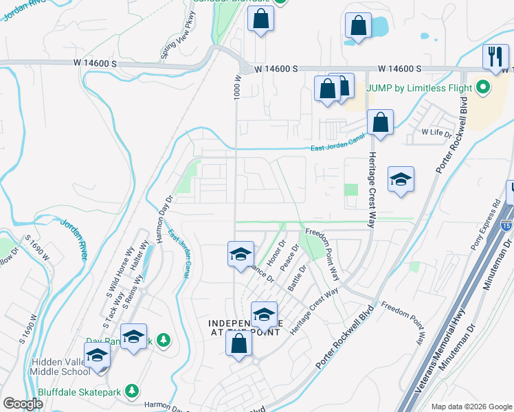 map of restaurants, bars, coffee shops, grocery stores, and more near 978 Freedom Point Way in Riverton