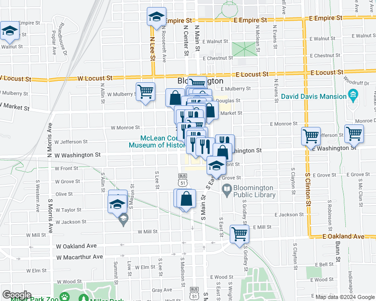 map of restaurants, bars, coffee shops, grocery stores, and more near 110 North Center Street in Bloomington