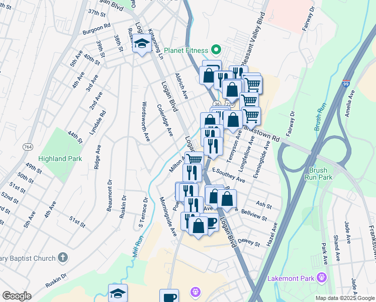 map of restaurants, bars, coffee shops, grocery stores, and more near 503 Coleridge Avenue in Altoona