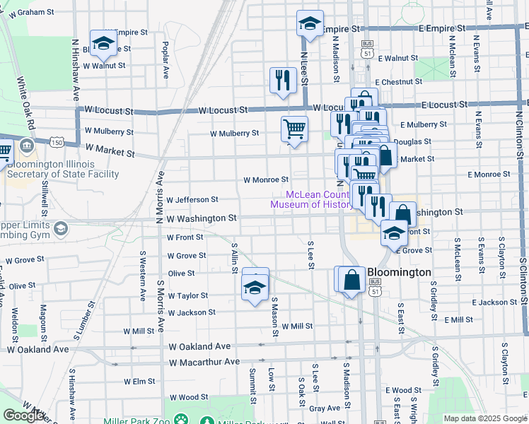 map of restaurants, bars, coffee shops, grocery stores, and more near 705 West Washington Street in Bloomington