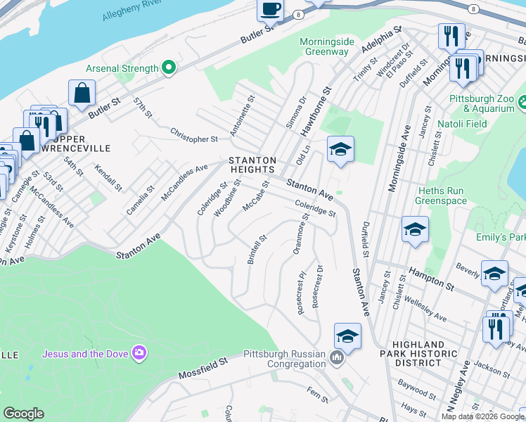 map of restaurants, bars, coffee shops, grocery stores, and more near 1145 Brintell Street in Pittsburgh