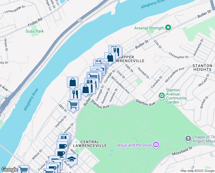 map of restaurants, bars, coffee shops, grocery stores, and more near in Pittsburgh