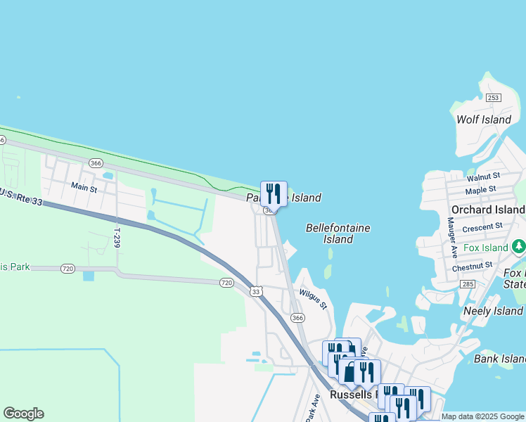 map of restaurants, bars, coffee shops, grocery stores, and more near 405-461 Westview St in Russells Point