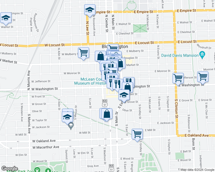map of restaurants, bars, coffee shops, grocery stores, and more near 110 North Center Street in Bloomington
