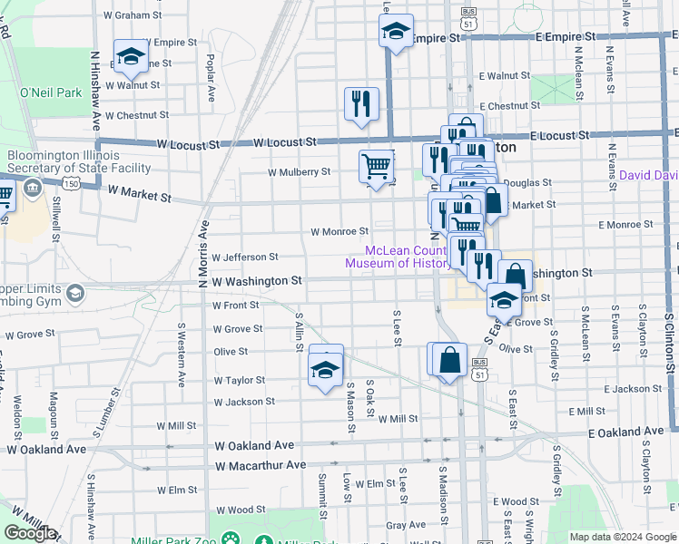 map of restaurants, bars, coffee shops, grocery stores, and more near 609 West Front Street in Bloomington