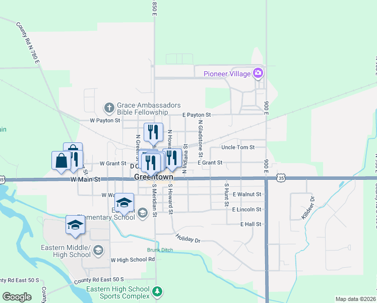 map of restaurants, bars, coffee shops, grocery stores, and more near 303-315 East Grant Street in Greentown