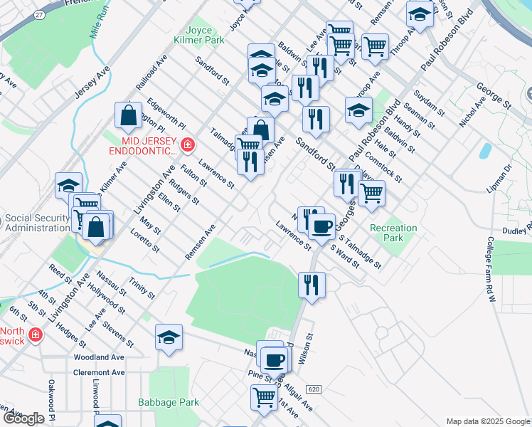 map of restaurants, bars, coffee shops, grocery stores, and more near 94 Lawrence Street in New Brunswick