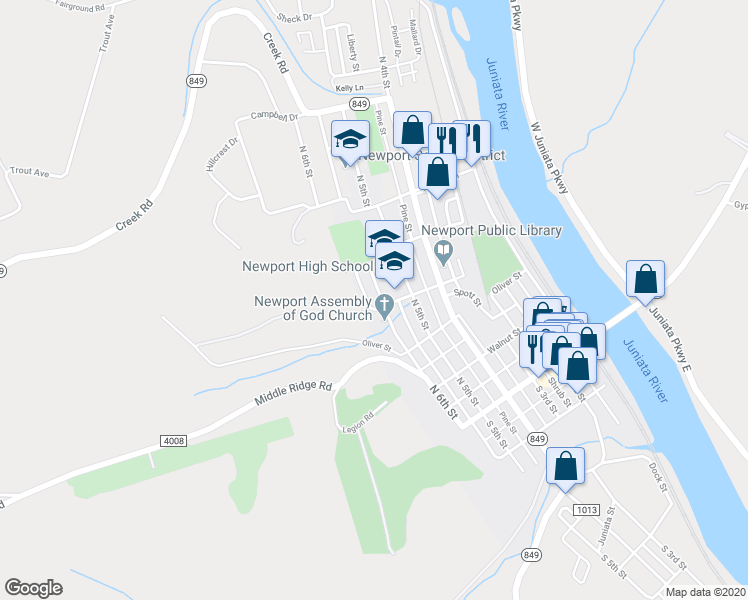 map of restaurants, bars, coffee shops, grocery stores, and more near 305 North 6th Street in Newport