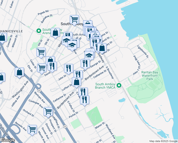 map of restaurants, bars, coffee shops, grocery stores, and more near 209 Stevens Avenue South in South Amboy