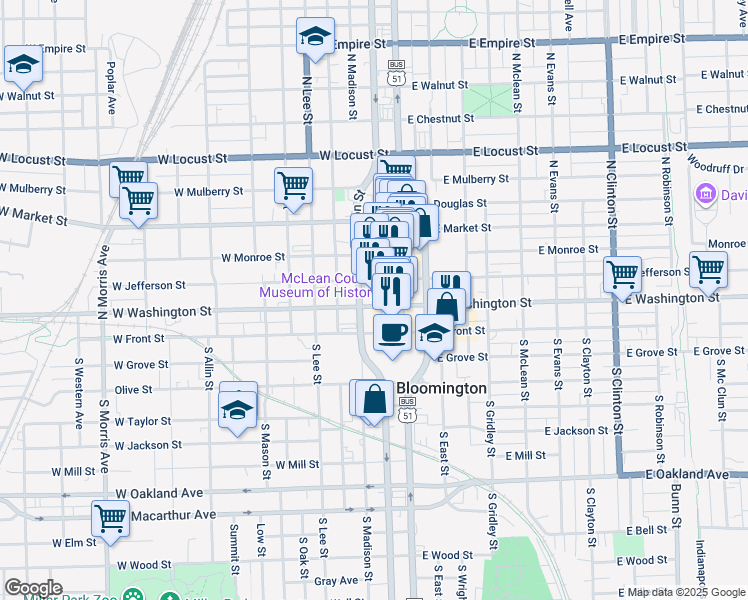 map of restaurants, bars, coffee shops, grocery stores, and more near 110 North Center Street in Bloomington