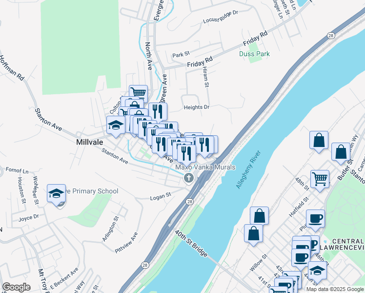 map of restaurants, bars, coffee shops, grocery stores, and more near 160 Evergreen Road in Pittsburgh