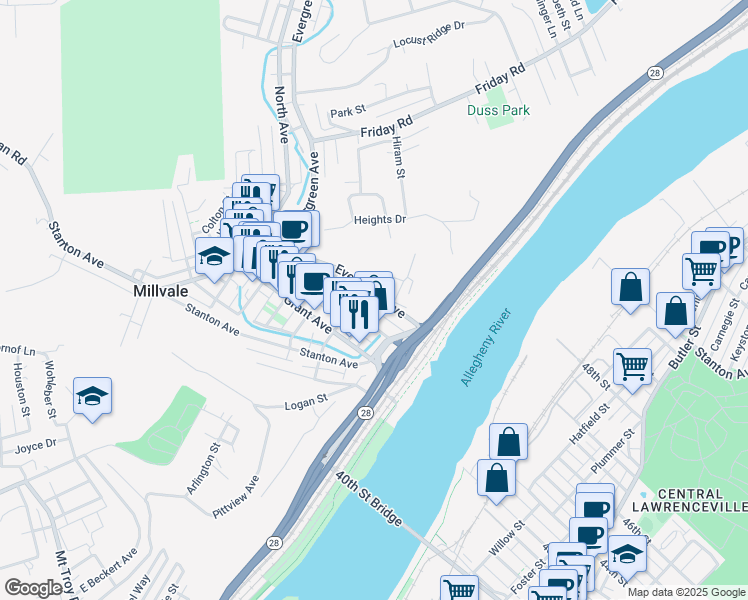 map of restaurants, bars, coffee shops, grocery stores, and more near 160 Evergreen Road in Pittsburgh