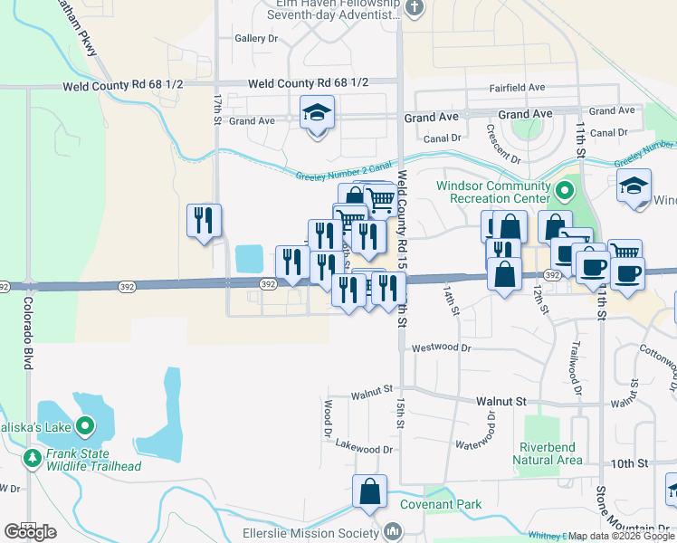 map of restaurants, bars, coffee shops, grocery stores, and more near 1570 Main Street in Windsor