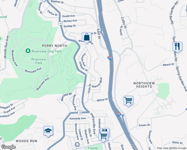 map of restaurants, bars, coffee shops, grocery stores, and more near 108 Watson Boulevard in Pittsburgh