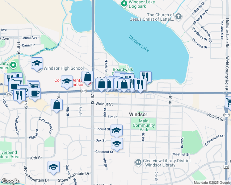 map of restaurants, bars, coffee shops, grocery stores, and more near 115 5th Street in Windsor