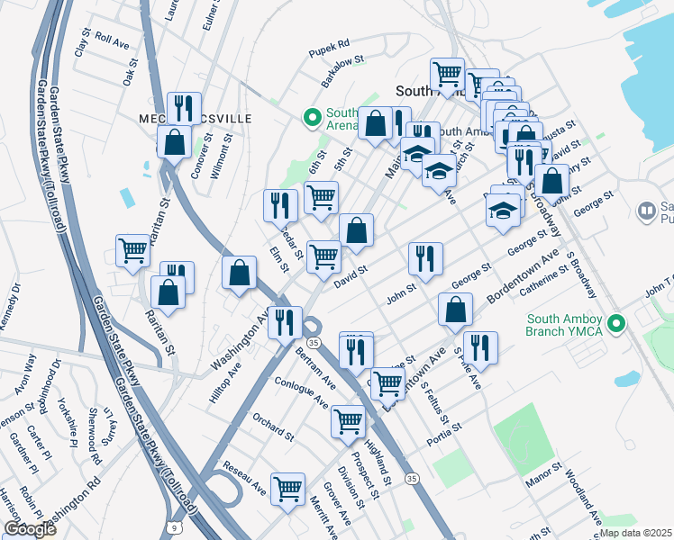 map of restaurants, bars, coffee shops, grocery stores, and more near 515 Washington Avenue in South Amboy