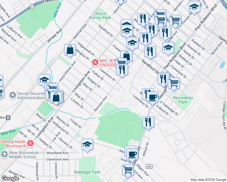 map of restaurants, bars, coffee shops, grocery stores, and more near 171 Fulton Street in New Brunswick