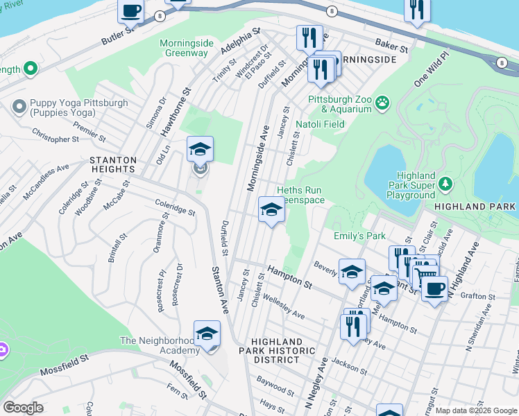 map of restaurants, bars, coffee shops, grocery stores, and more near 1231 Morningside Avenue in Pittsburgh