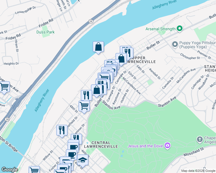 map of restaurants, bars, coffee shops, grocery stores, and more near in Pittsburgh