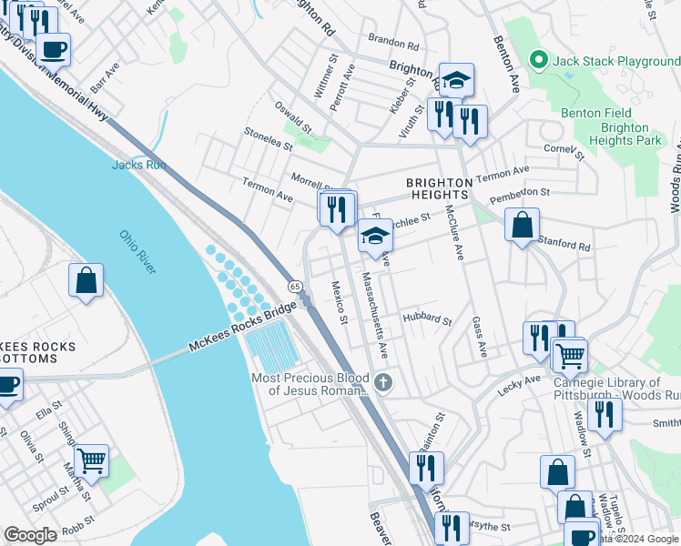 map of restaurants, bars, coffee shops, grocery stores, and more near 3615 California Avenue in Pittsburgh