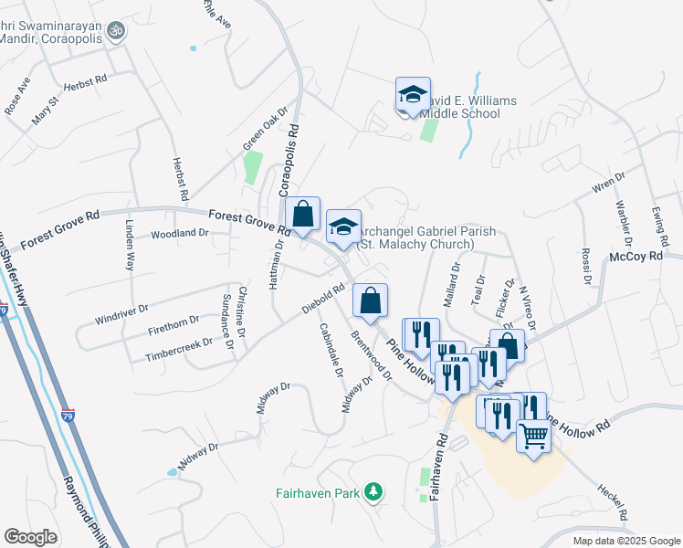 map of restaurants, bars, coffee shops, grocery stores, and more near 343 Forest Grove Road in Coraopolis