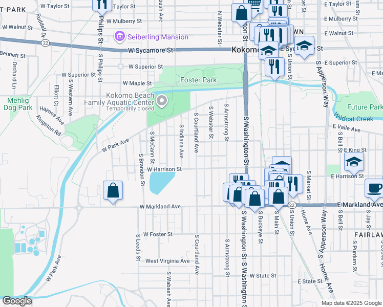 map of restaurants, bars, coffee shops, grocery stores, and more near 620 South Courtland Avenue in Kokomo