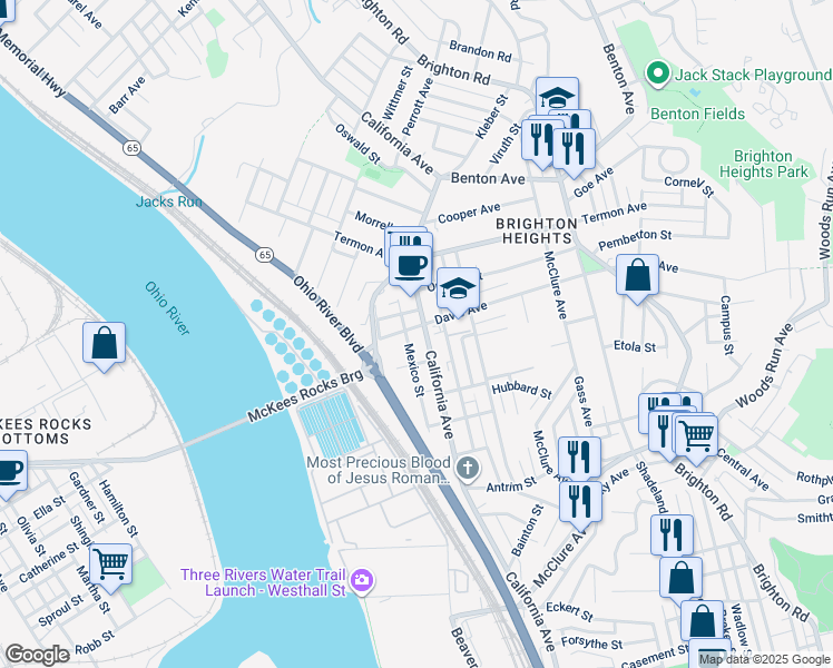 map of restaurants, bars, coffee shops, grocery stores, and more near 3555 California Avenue in Pittsburgh