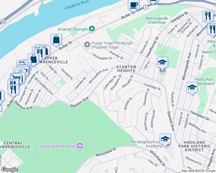 map of restaurants, bars, coffee shops, grocery stores, and more near 4430 Coleridge Street in Pittsburgh