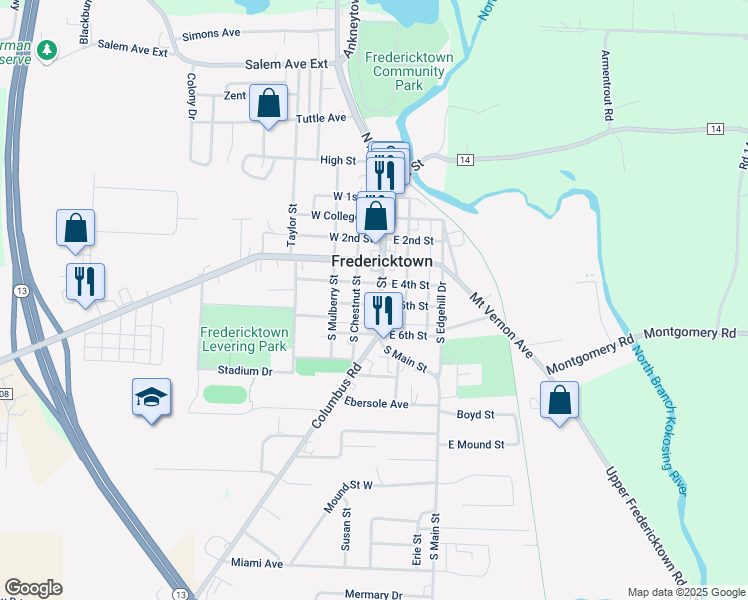 map of restaurants, bars, coffee shops, grocery stores, and more near in Fredericktown