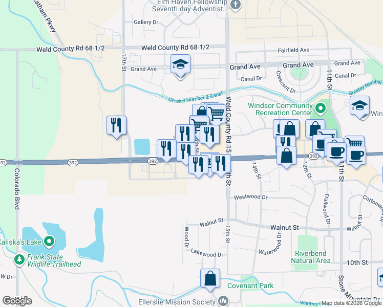 map of restaurants, bars, coffee shops, grocery stores, and more near 1570 Main Street in Windsor