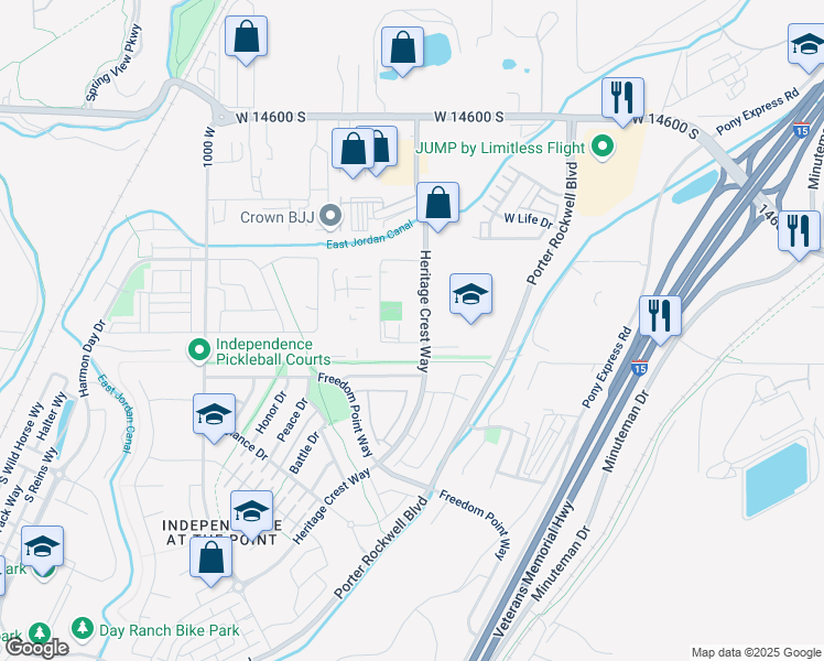 map of restaurants, bars, coffee shops, grocery stores, and more near 14942 West Heritage Crest Way in Bluffdale