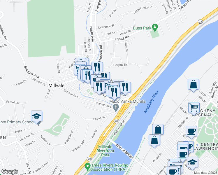 map of restaurants, bars, coffee shops, grocery stores, and more near 214 Lincoln Avenue in Millvale