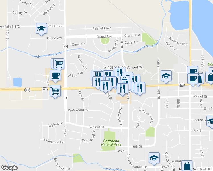 map of restaurants, bars, coffee shops, grocery stores, and more near 100 12th St in Windsor