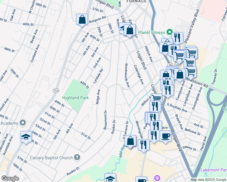 map of restaurants, bars, coffee shops, grocery stores, and more near 201-299 Beaumont Drive in Altoona