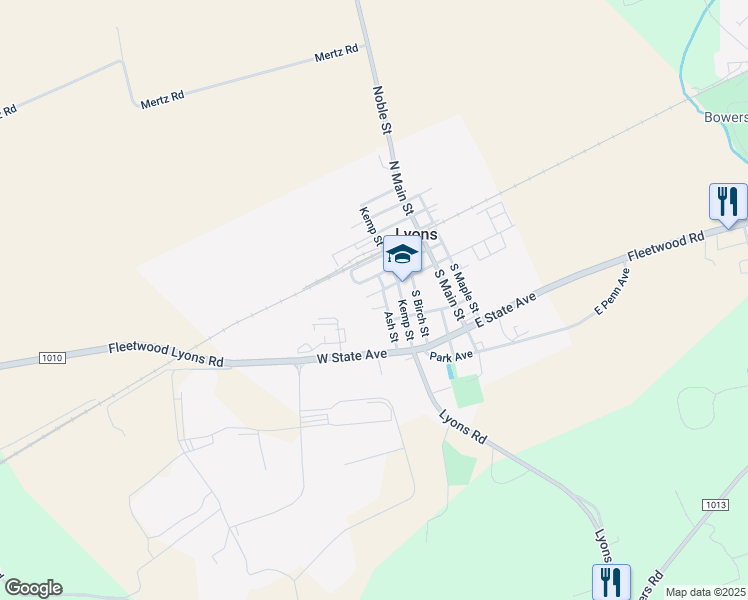 map of restaurants, bars, coffee shops, grocery stores, and more near 9 East Hunter Street in Lyons