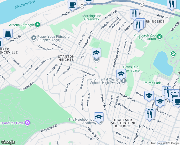 map of restaurants, bars, coffee shops, grocery stores, and more near in Pittsburgh