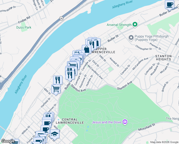 map of restaurants, bars, coffee shops, grocery stores, and more near 5254 Keystone Street in Pittsburgh