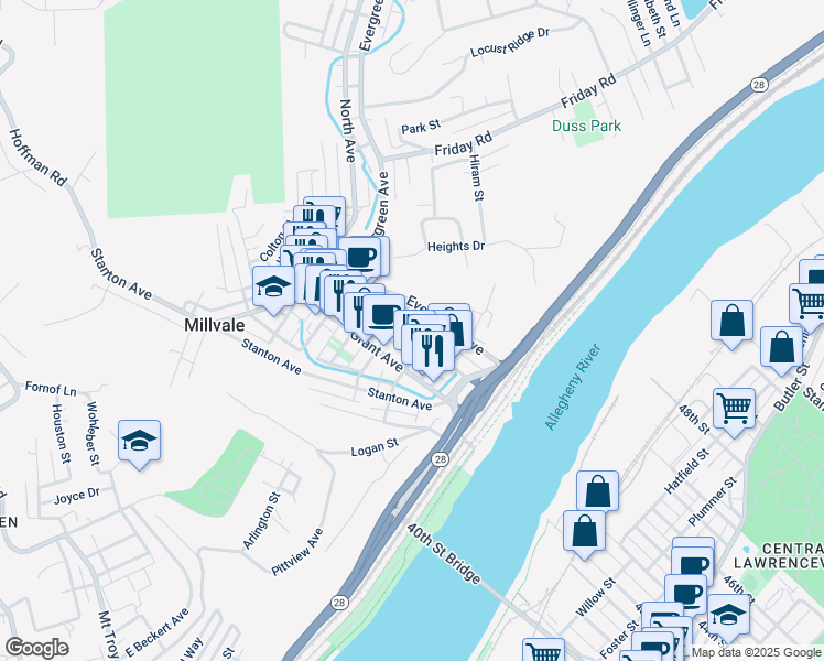 map of restaurants, bars, coffee shops, grocery stores, and more near 211 East Sherman Street in Pittsburgh