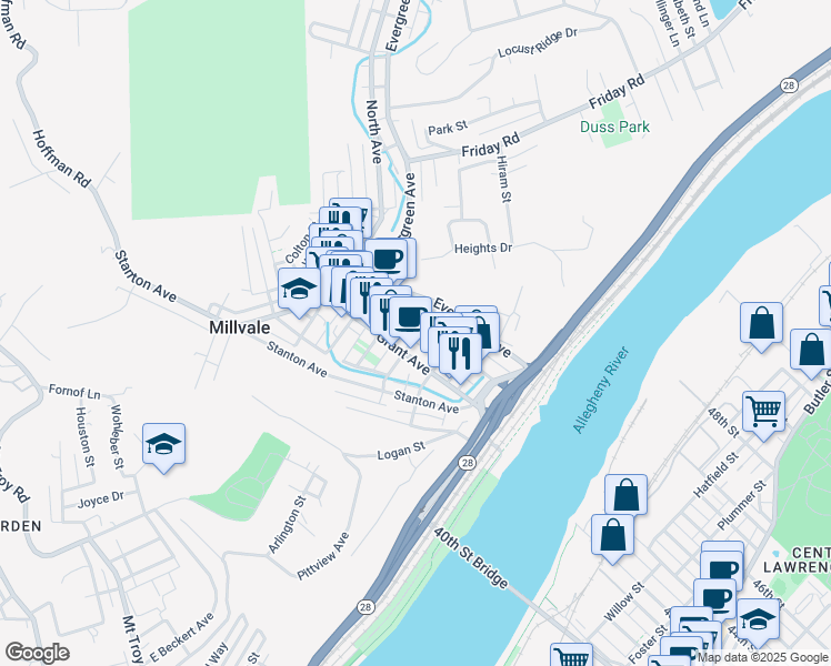 map of restaurants, bars, coffee shops, grocery stores, and more near 211 East Sherman Street in Pittsburgh