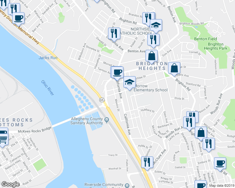 map of restaurants, bars, coffee shops, grocery stores, and more near 3615 California Avenue in Pittsburgh