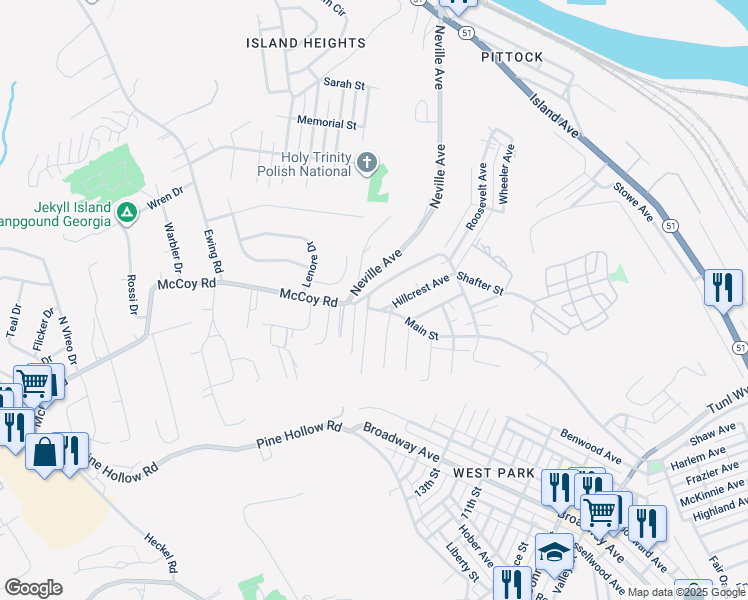 map of restaurants, bars, coffee shops, grocery stores, and more near 731 McCoy Road in McKees Rocks
