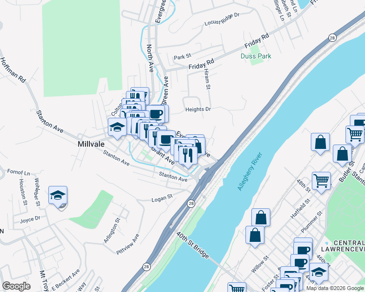 map of restaurants, bars, coffee shops, grocery stores, and more near 211 East Sherman Street in Pittsburgh