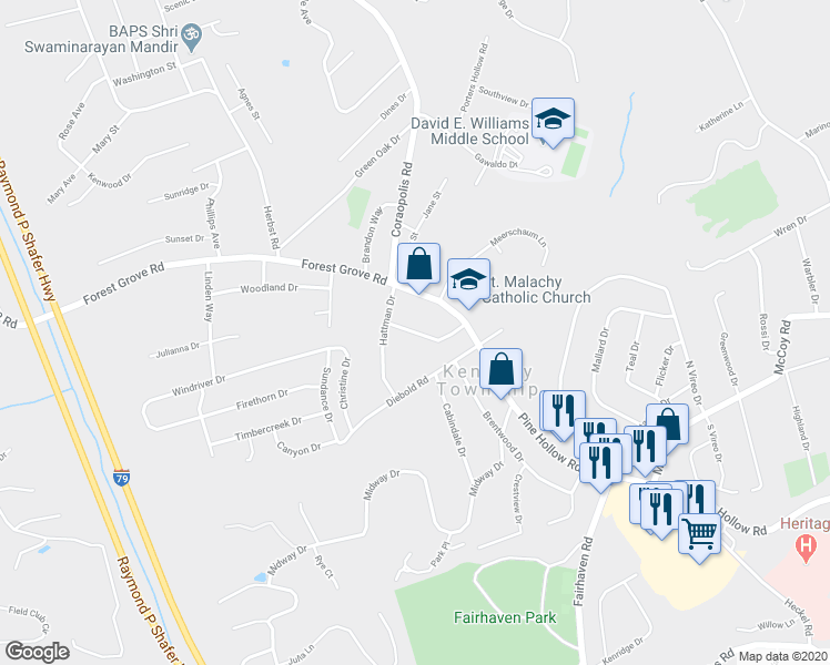 map of restaurants, bars, coffee shops, grocery stores, and more near Williams Drive in Coraopolis
