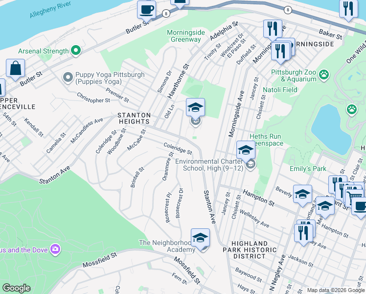 map of restaurants, bars, coffee shops, grocery stores, and more near in Pittsburgh