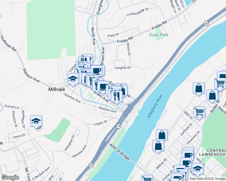 map of restaurants, bars, coffee shops, grocery stores, and more near 211 East Sherman Street in Pittsburgh