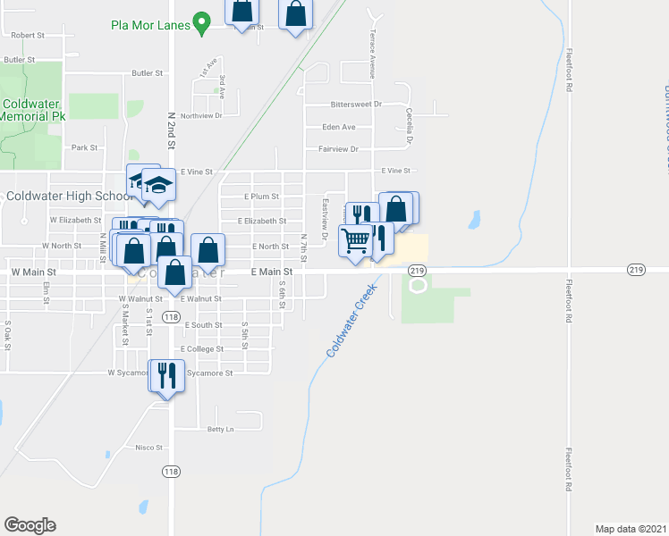 map of restaurants, bars, coffee shops, grocery stores, and more near 609 East North Street in Coldwater
