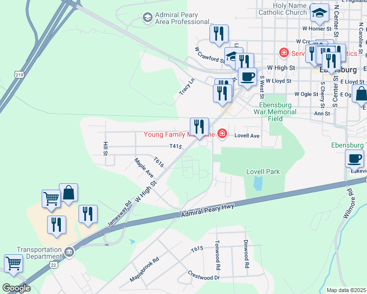 map of restaurants, bars, coffee shops, grocery stores, and more near 126-398 Myers St in Ebensburg