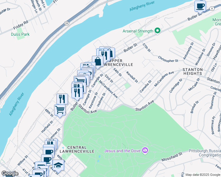 map of restaurants, bars, coffee shops, grocery stores, and more near 5254 Keystone Street in Pittsburgh